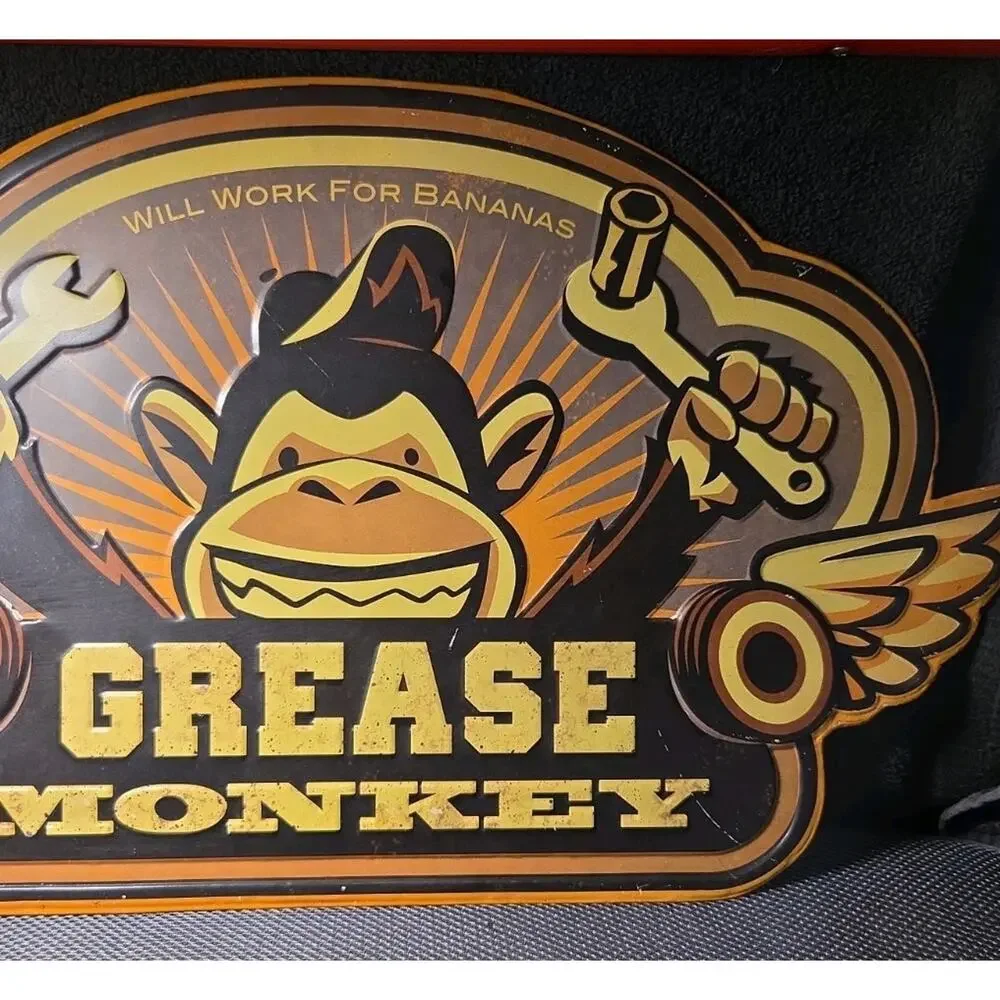 GREASE MONKEY Will WORK FOR BANANAS Wall Tin Metal SIGN GARAGE Car Shop Mancave